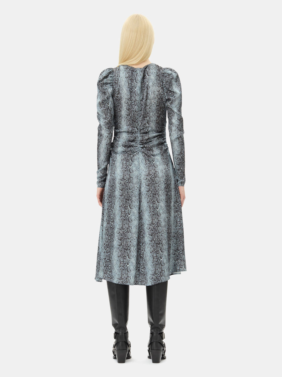 Blue Snake Print Ruched Midi Dress