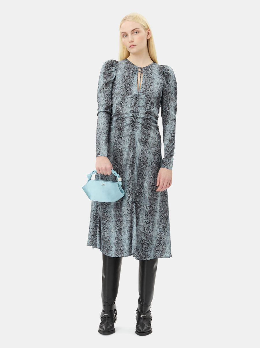 Blue Snake Print Ruched Midi Dress