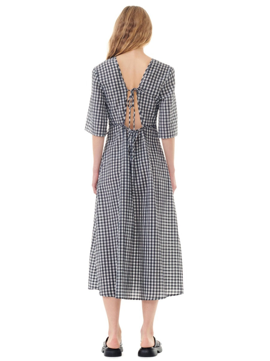 Seersucker Check V-Neck Long Dress