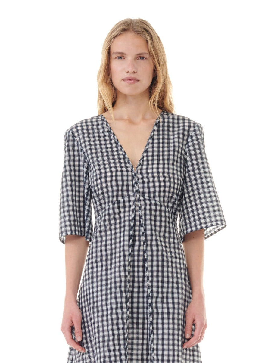 Seersucker Check V-Neck Long Dress