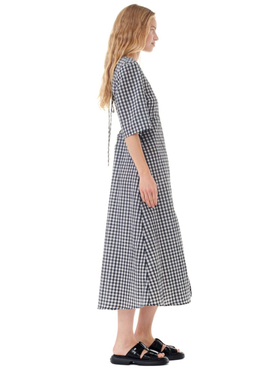 Seersucker Check V-Neck Long Dress