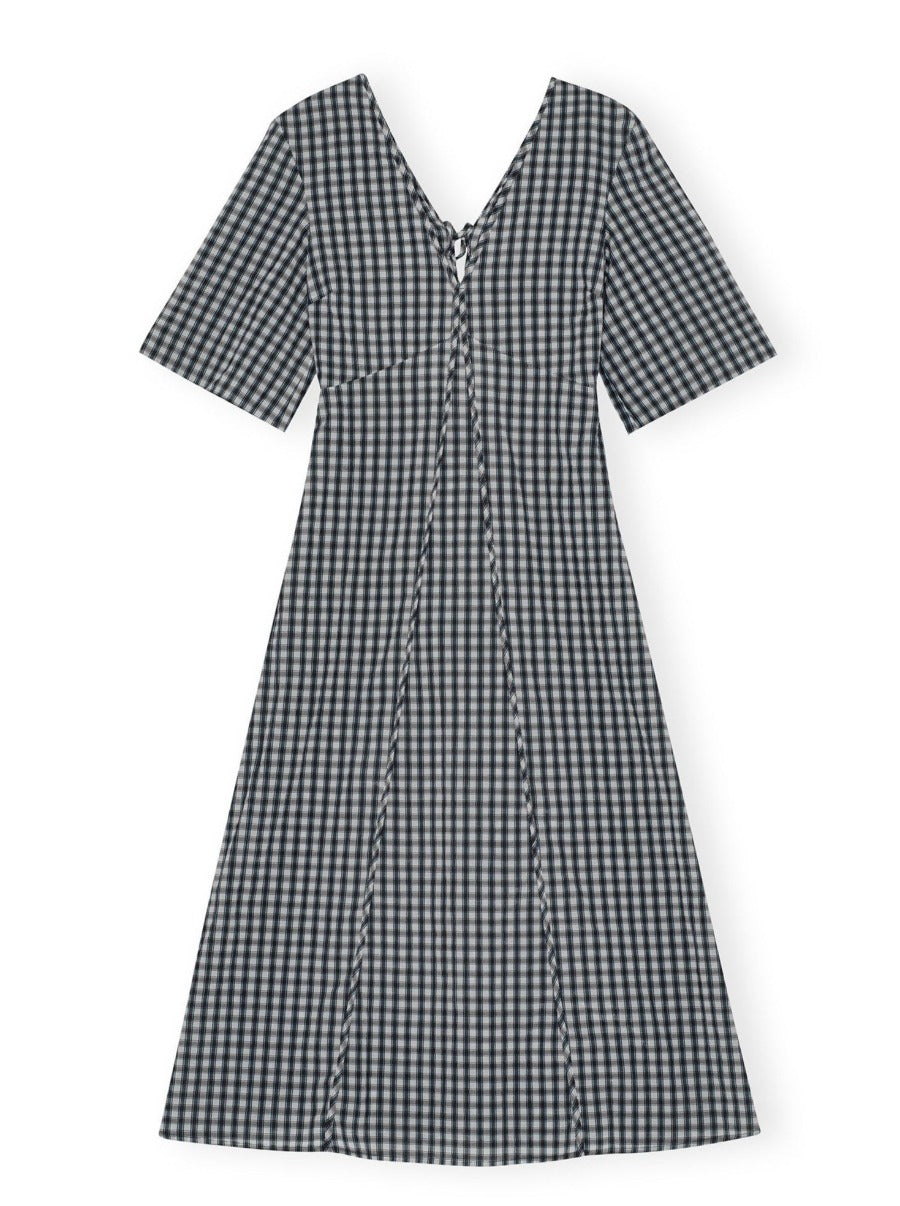 Seersucker Check V-Neck Long Dress
