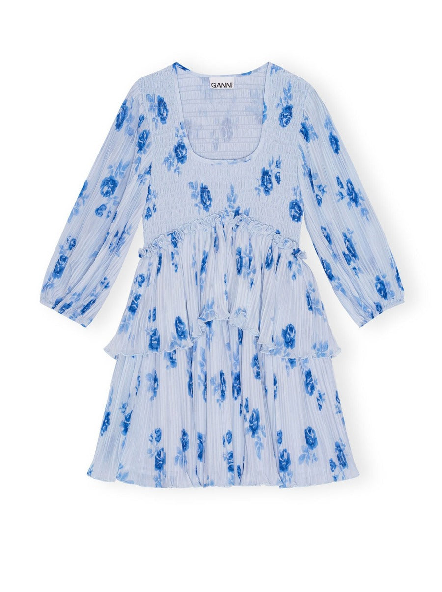 Pleated Georgette Flounce Smock Mini Dress