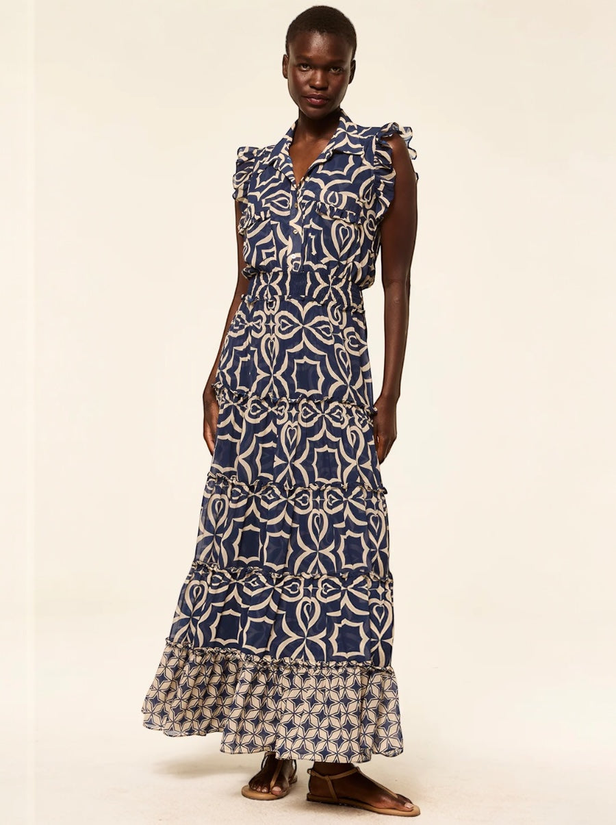 Trina Dress in Blue Mosaic Tile
