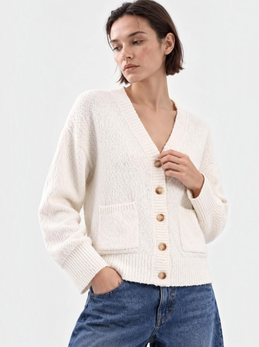 Cotton Boucle Vneck Cardigan