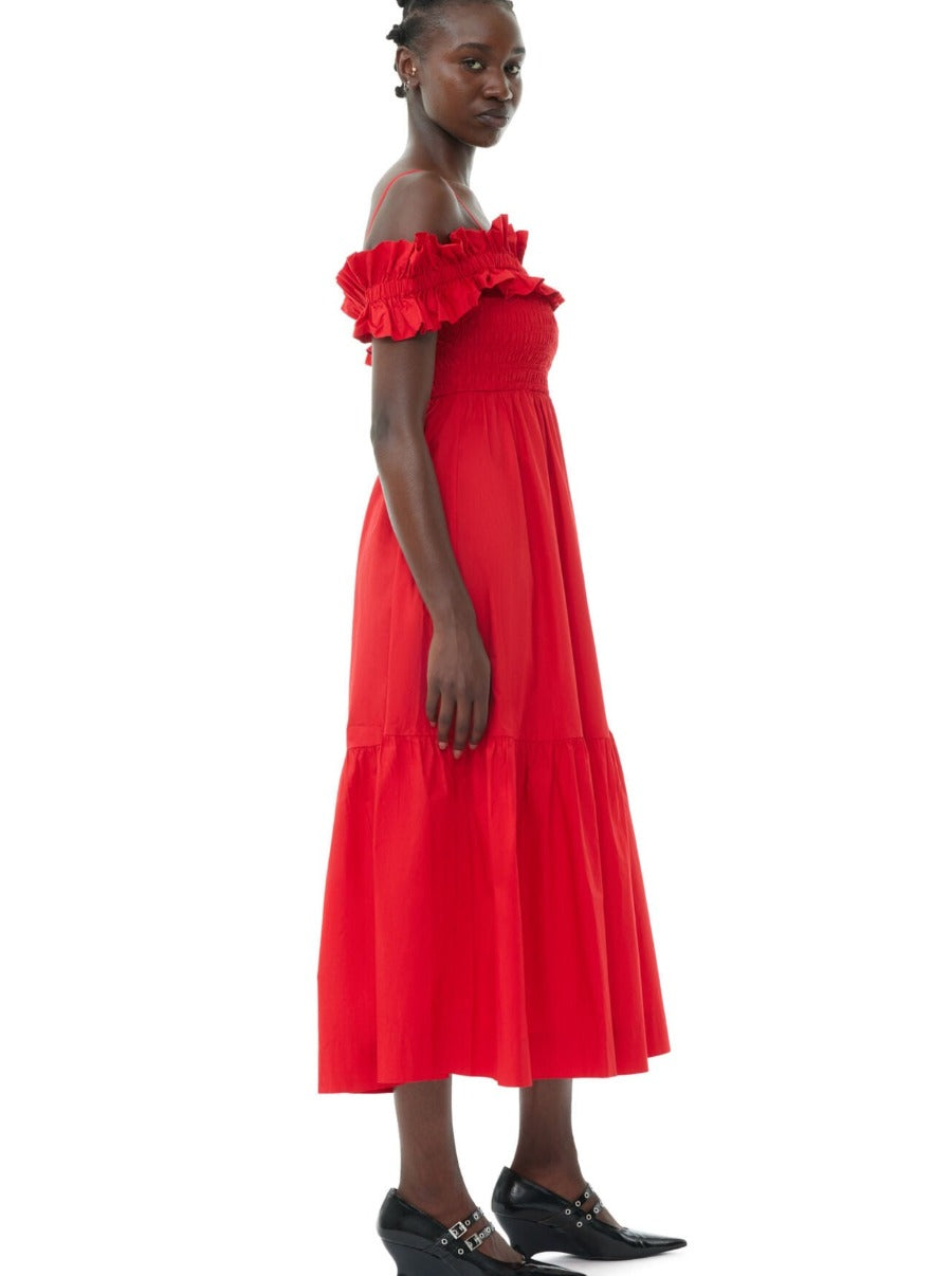 Red Cotton Poplin Long Smock Dress