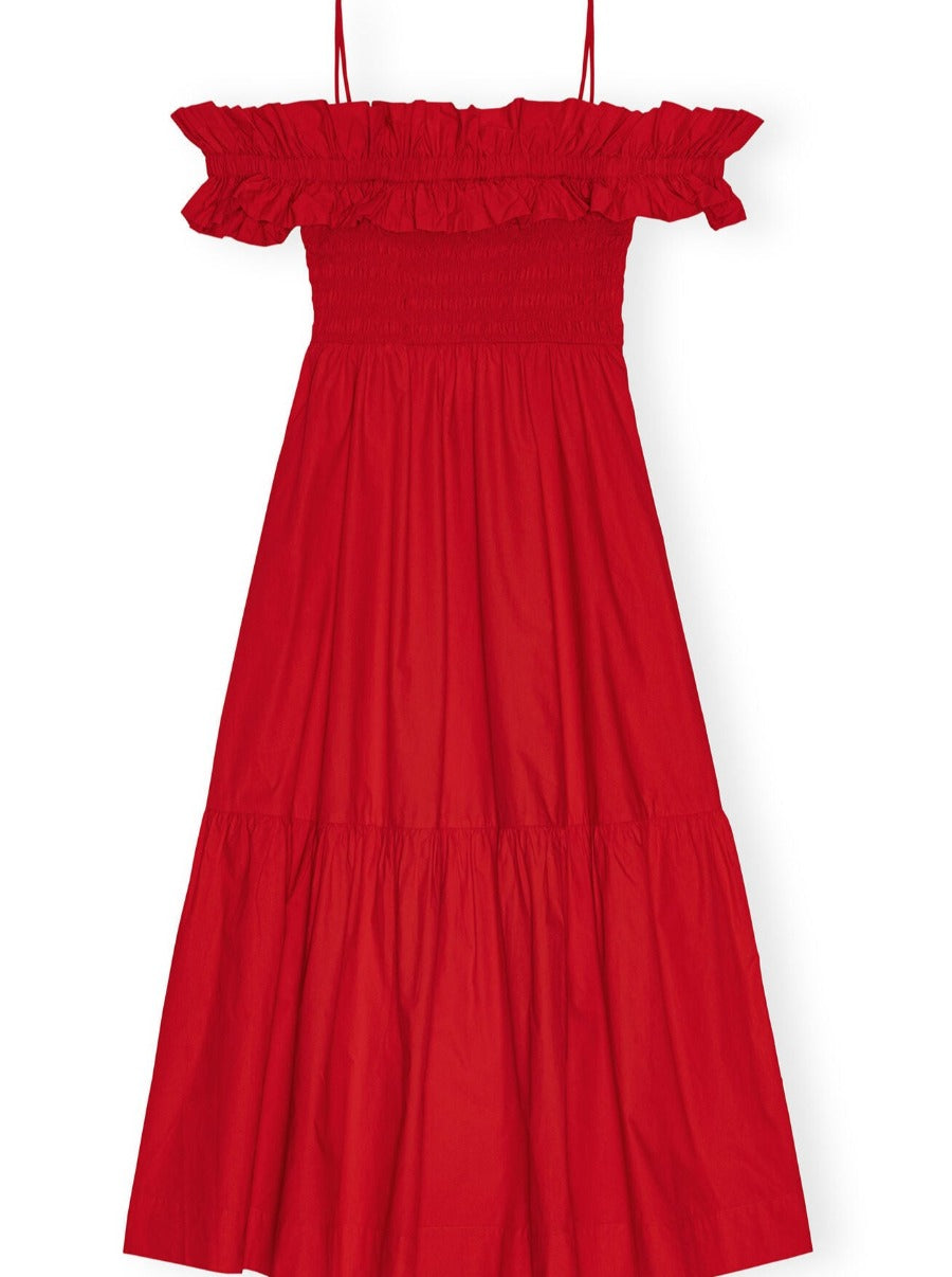 Red Cotton Poplin Long Smock Dress