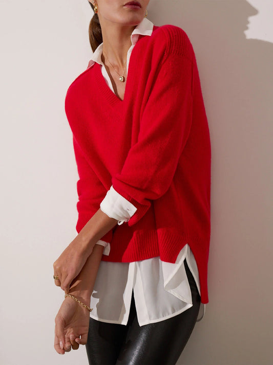 V-Neck Layered Pullover in Aura Red