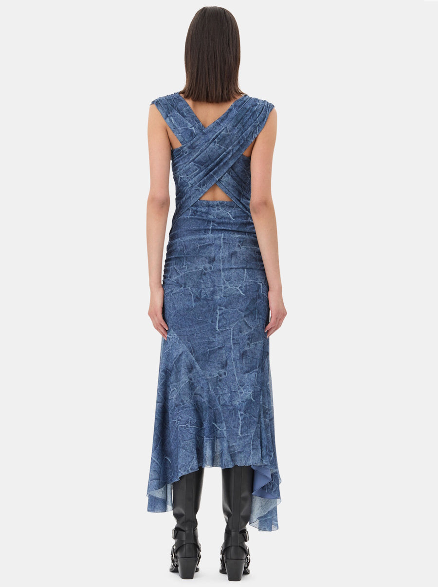 Blue Mesh Ruched Dress