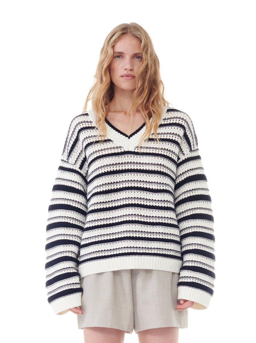 Striped Cotton V-Neck Pullover