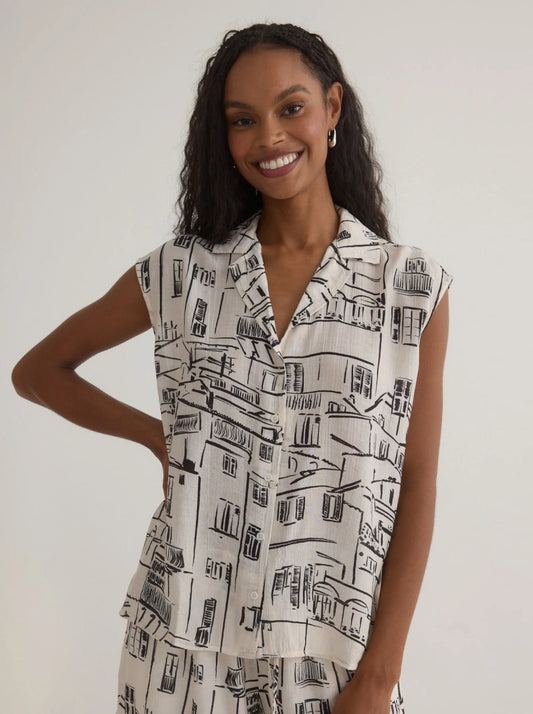 Printed Button Front Cap Sleeve