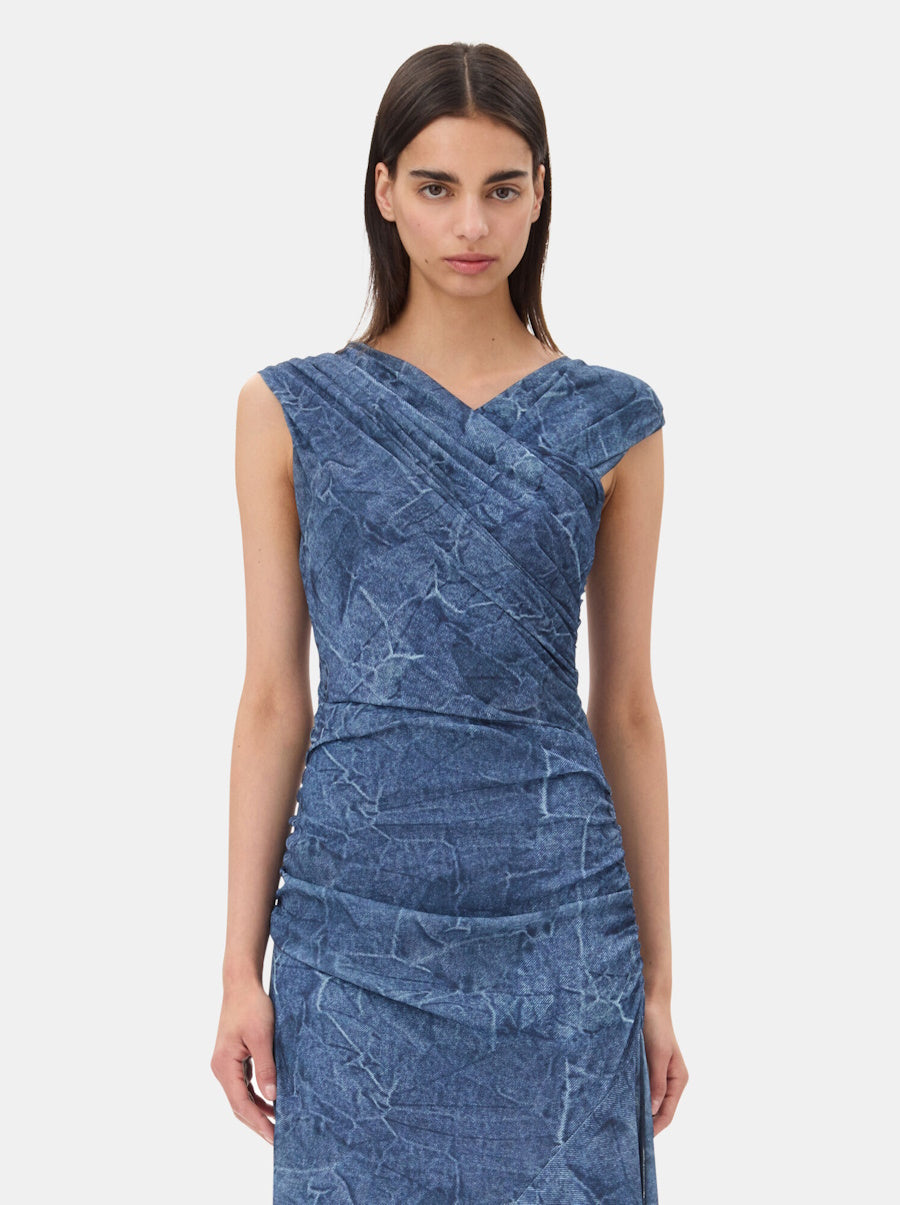 Blue Mesh Ruched Dress