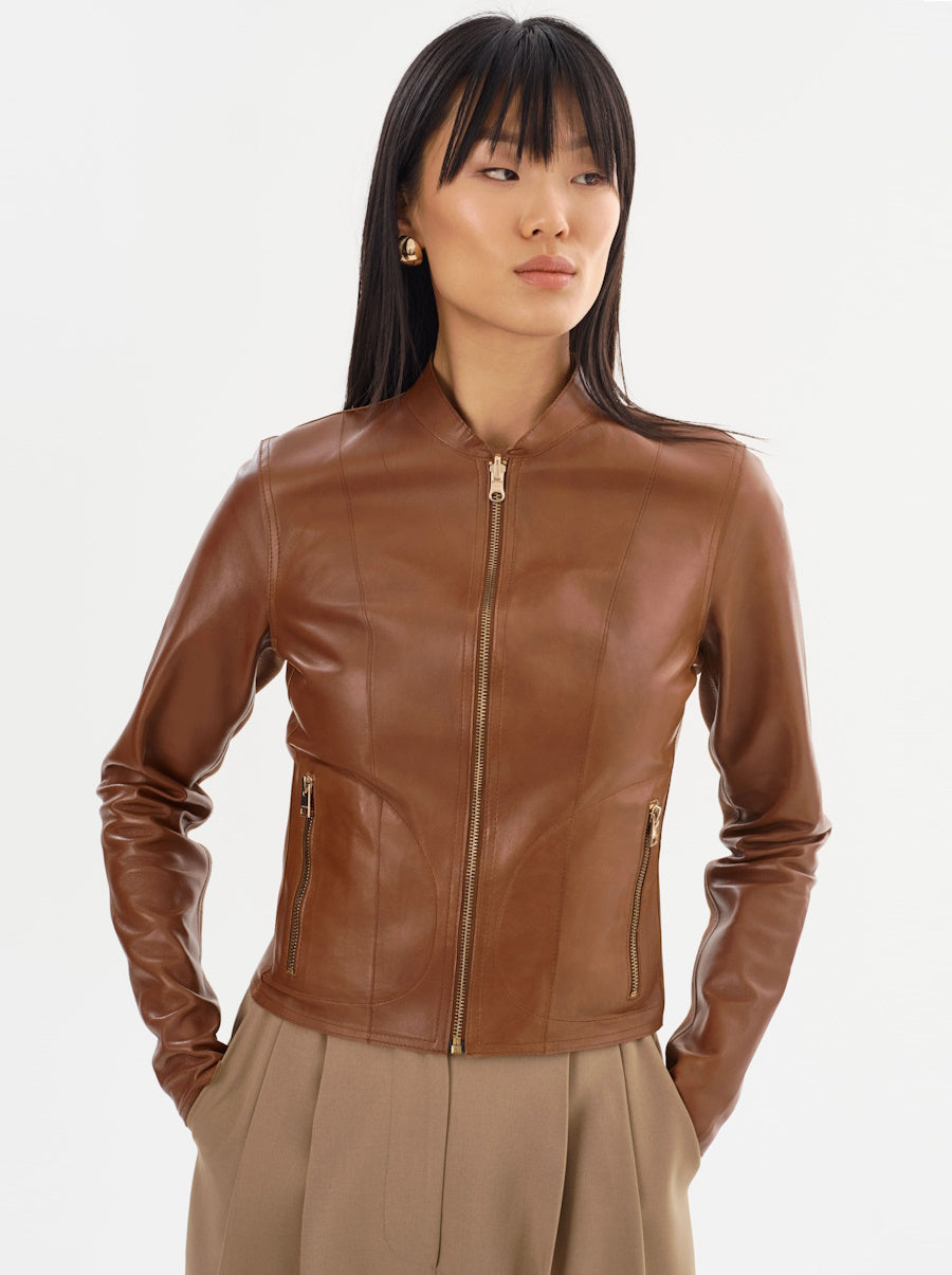 Chapin Reversible Leather Jacket in Luggage/Gold