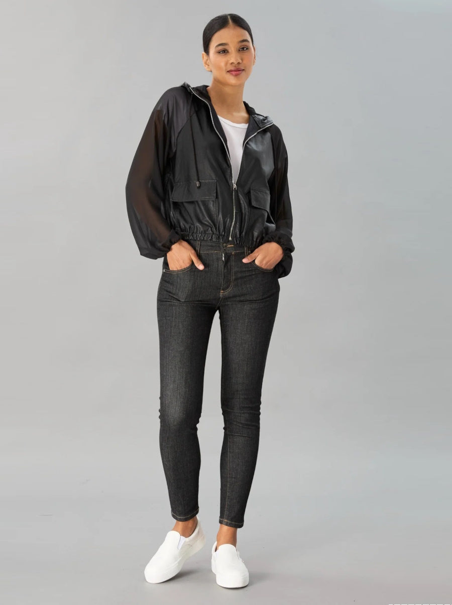 Sheer Sleeve Vegan Leather Jacket