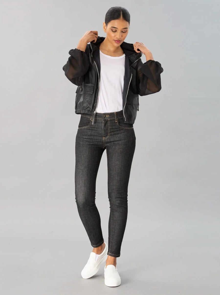 Sheer Sleeve Vegan Leather Jacket