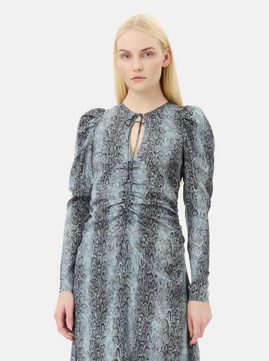 Blue Snake Print Ruched Midi Dress