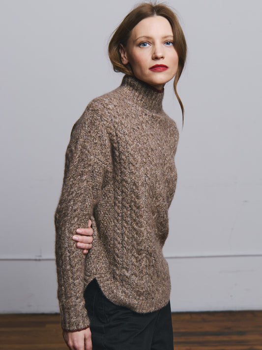 Cabled Shirttail Mock Neck