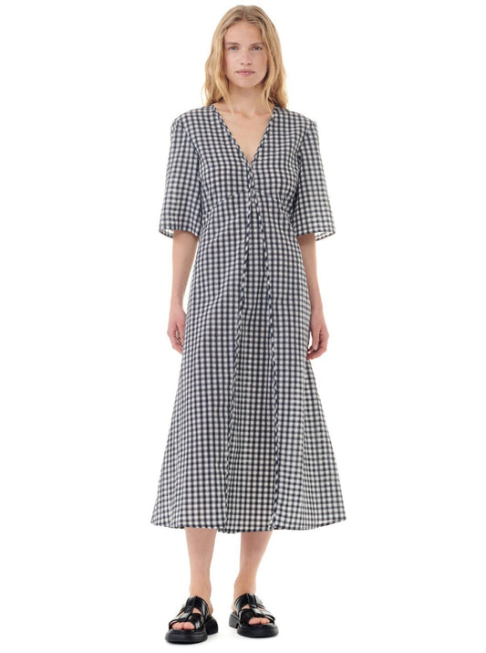 Seersucker Check V-Neck Long Dress