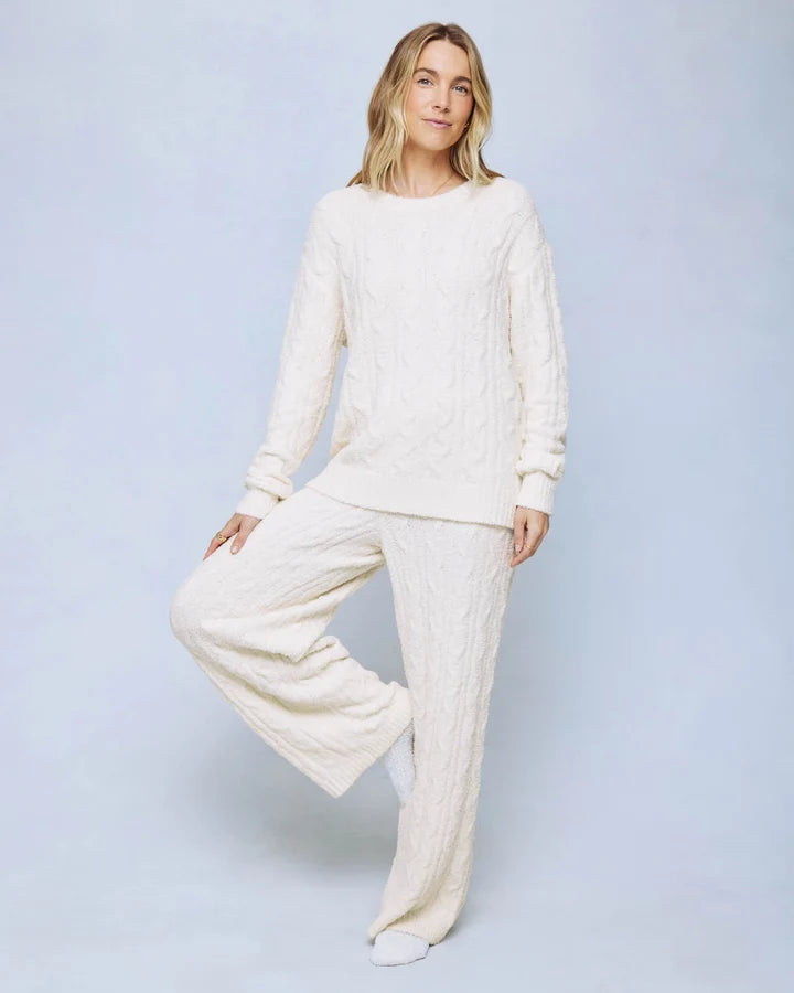 Fuzzy Cable Knit Sweater Wide Leg PJ Set