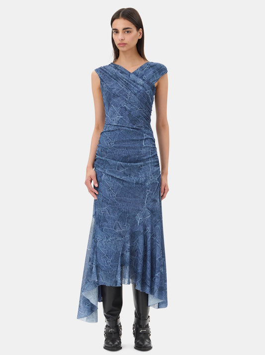 Blue Mesh Ruched Dress