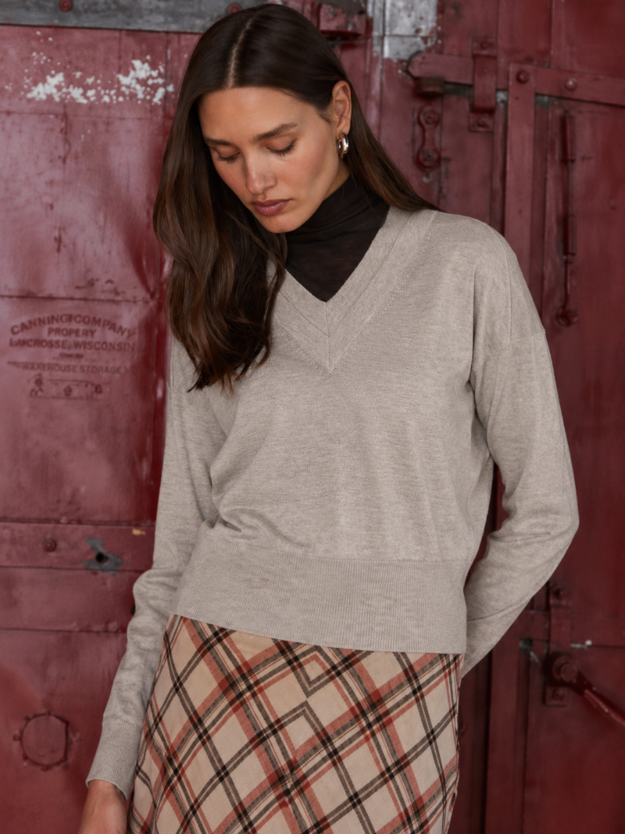 Long Sleeve Cropped Double V-Neck