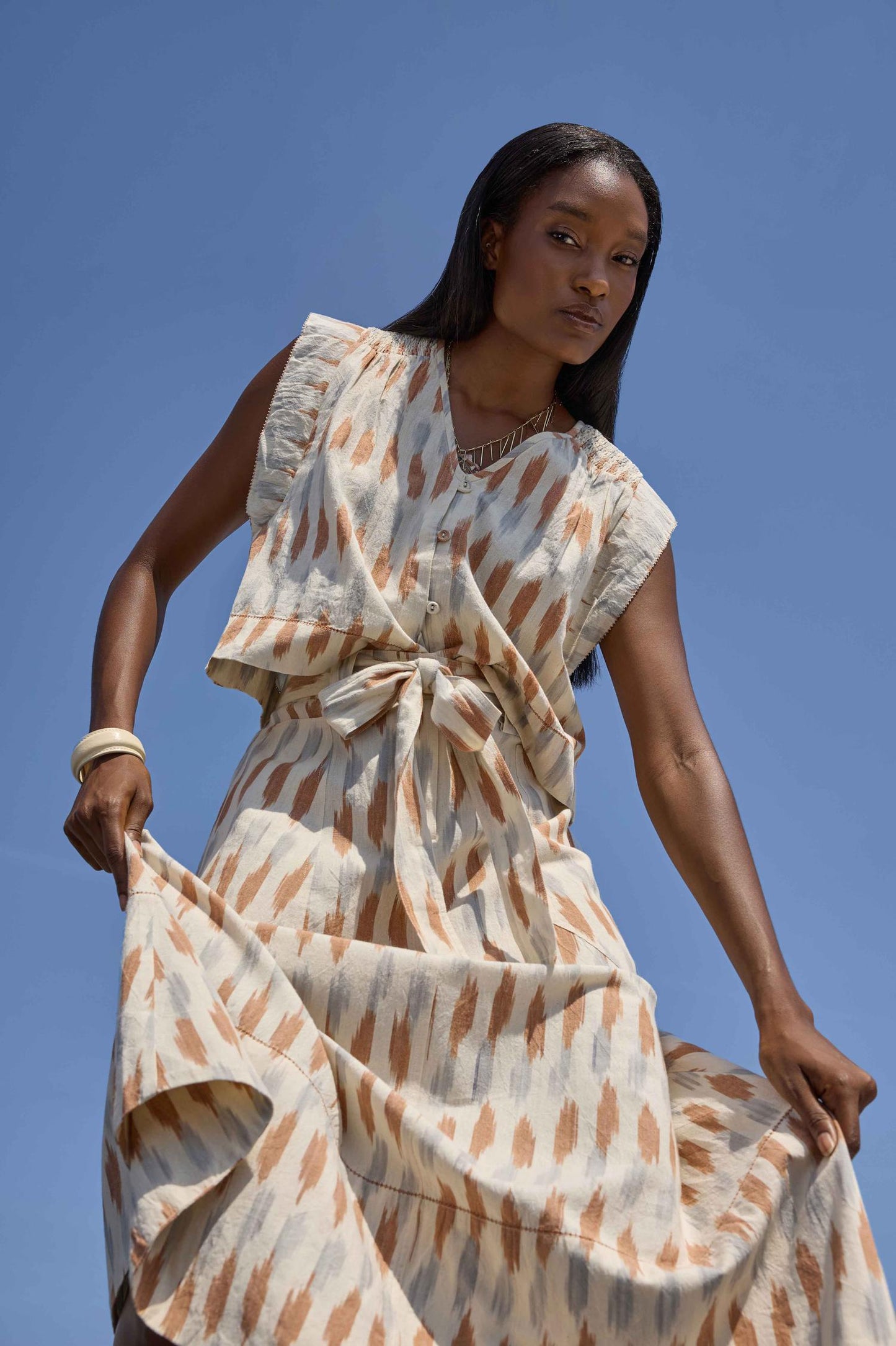 Ikat Shirred Shoulder Top