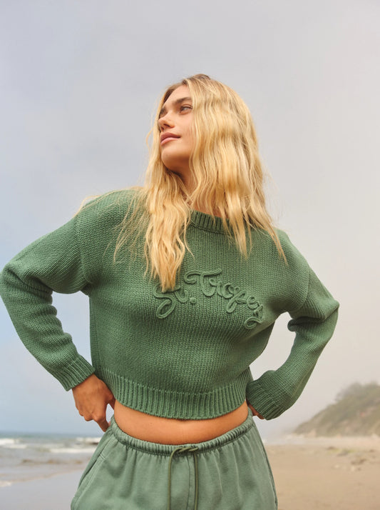 Crop Boatneck Sweater w/ Embroidery