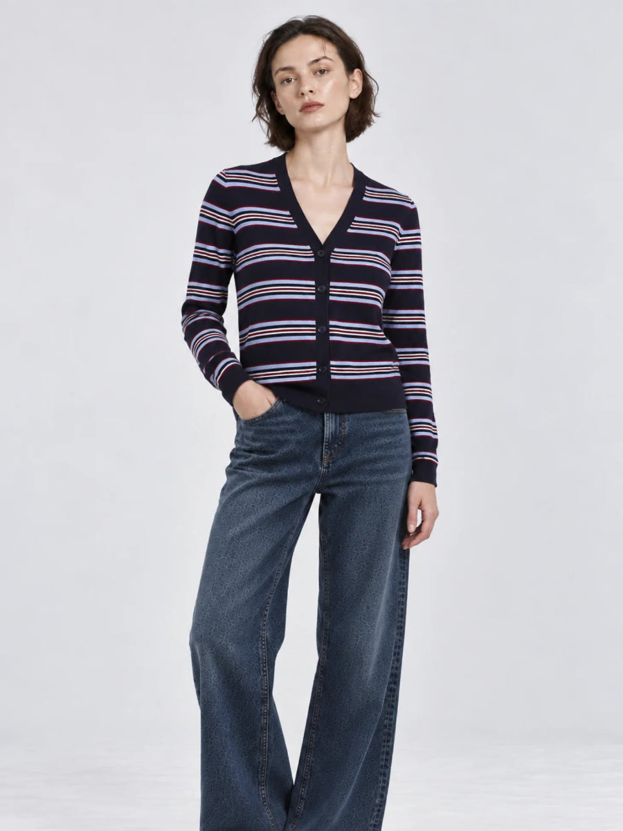 Striped V-Neck Cardigan in Navy Combo