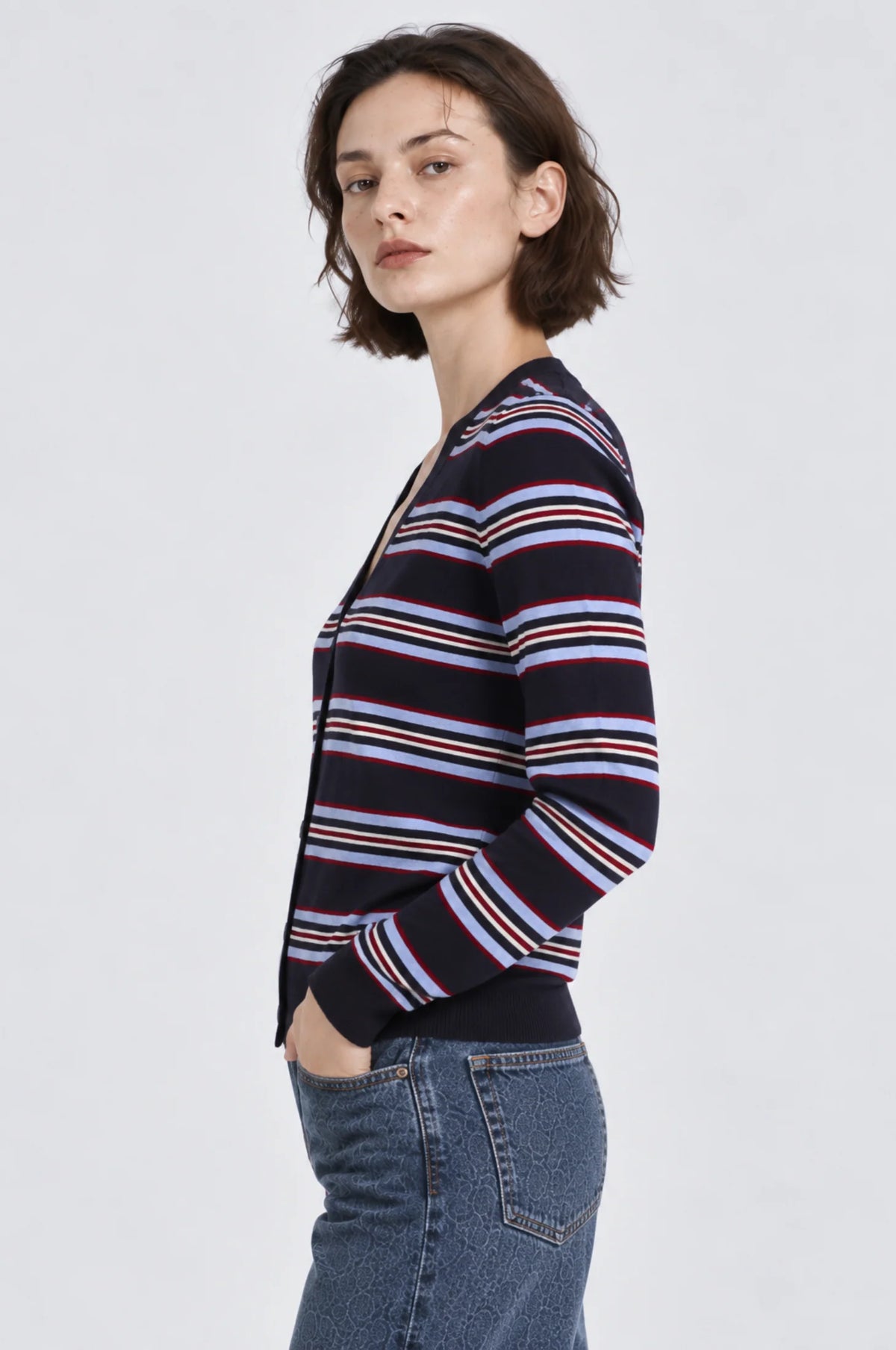 Striped V-Neck Cardigan in Navy Combo