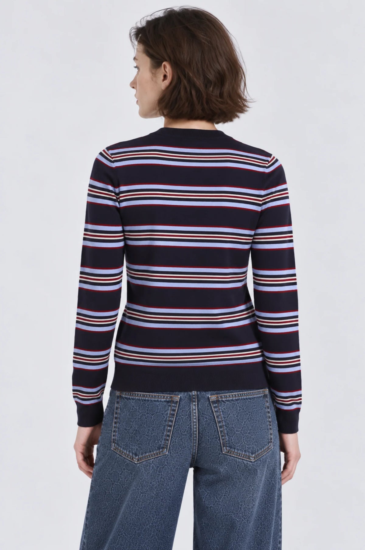Striped V-Neck Cardigan in Navy Combo