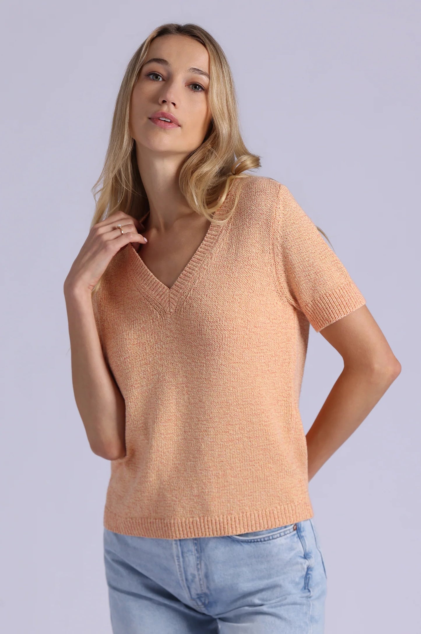Textured Short Sleeve V Neck