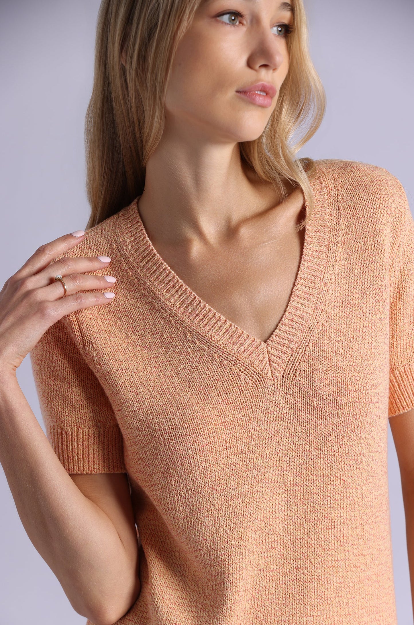 Textured Short Sleeve V Neck