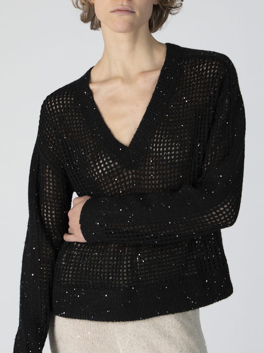 Sequin Wool Blend Net Stitch Sweater