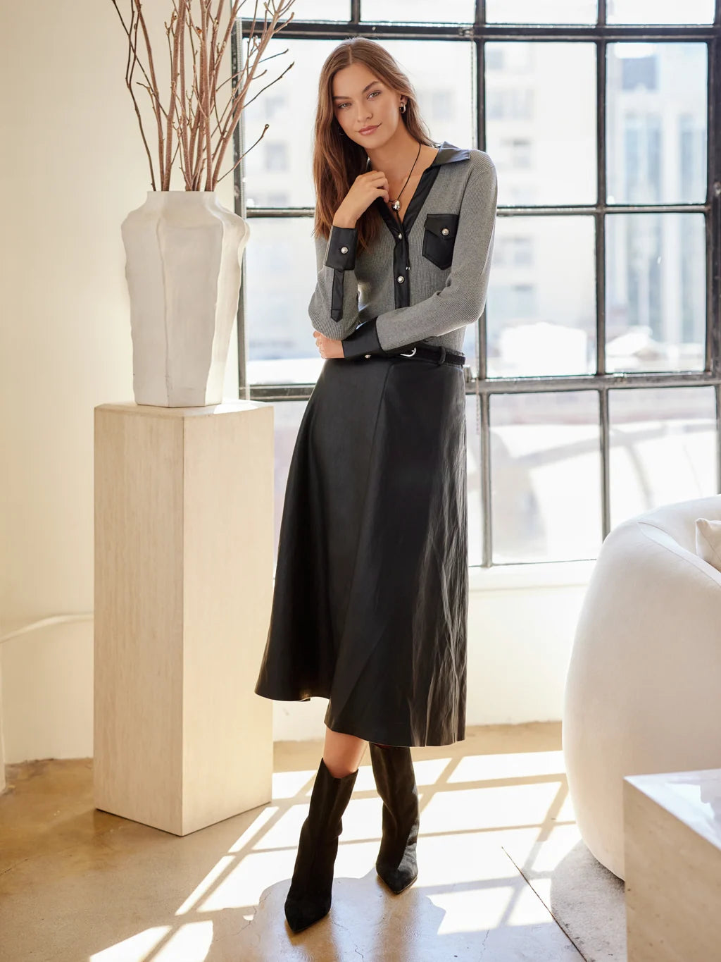 Bodie Faux Leather Midi Skirt