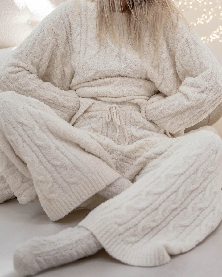 Fuzzy Cable Knit Sweater Wide Leg PJ Set