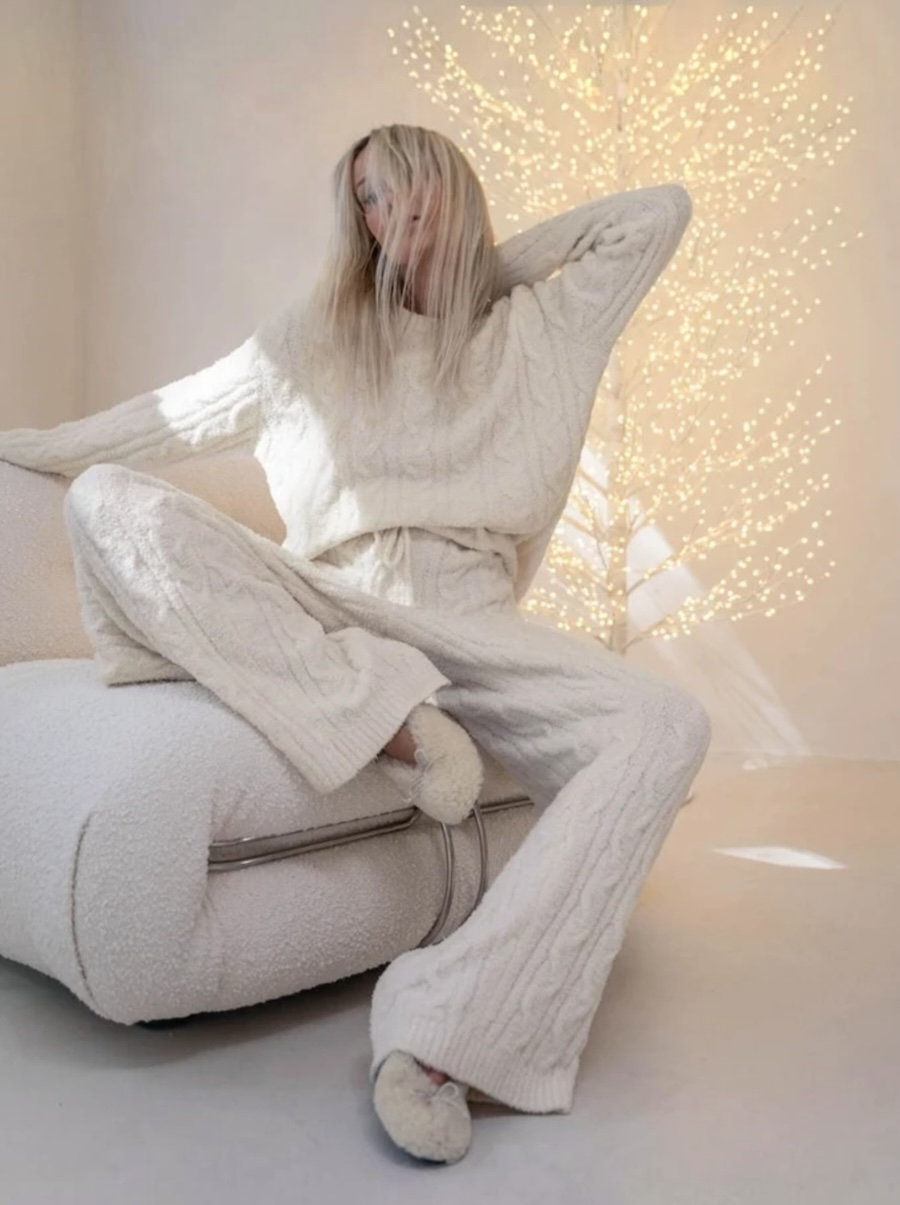 Fuzzy Cable Knit Sweater Wide Leg PJ Set