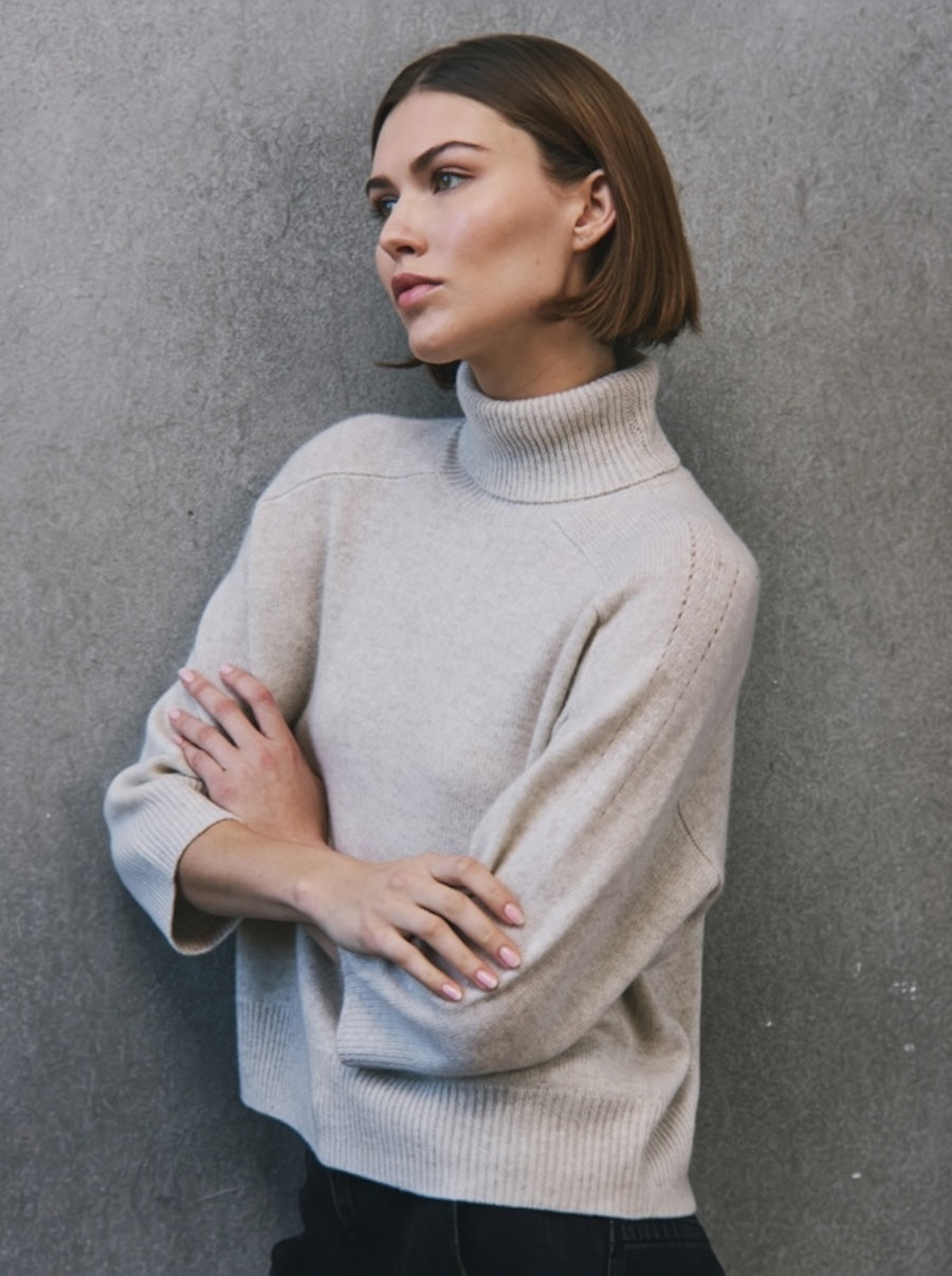 Boxy 3/4 Sleeve Turtleneck Sweater with Back Yoke