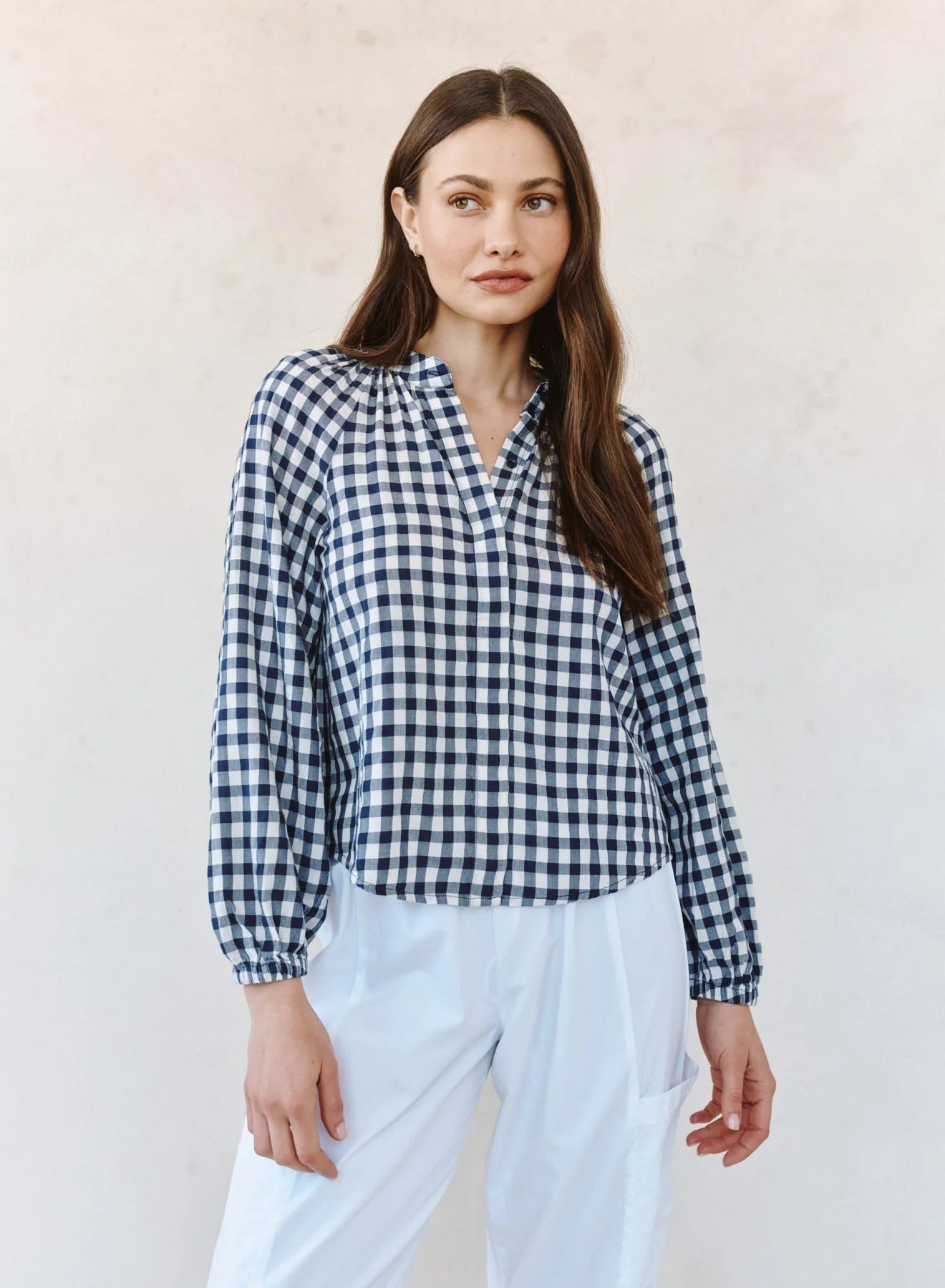 Shirred Raglan Shirt in Navy Gingham