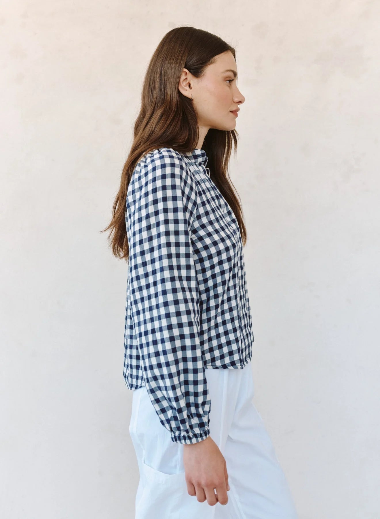 Shirred Raglan Shirt in Navy Gingham