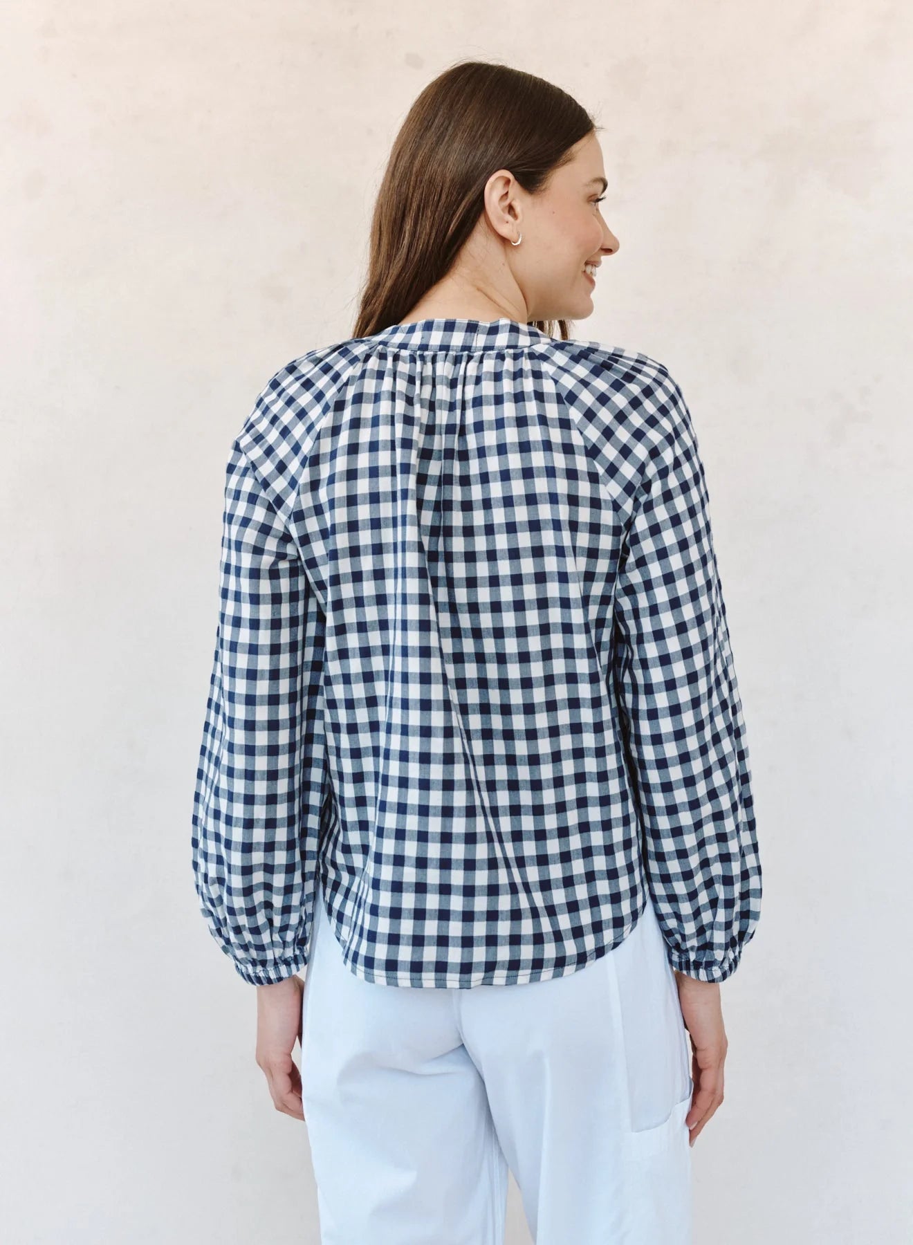 Shirred Raglan Shirt in Navy Gingham