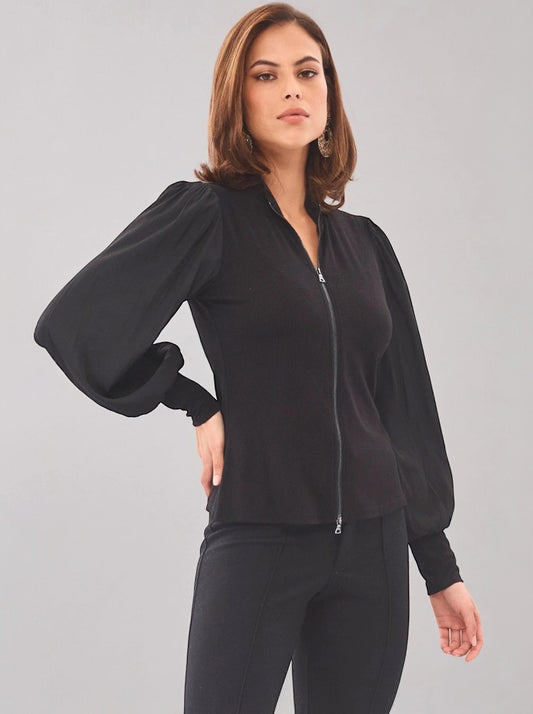 Balloon Sleeve Zip Front Top