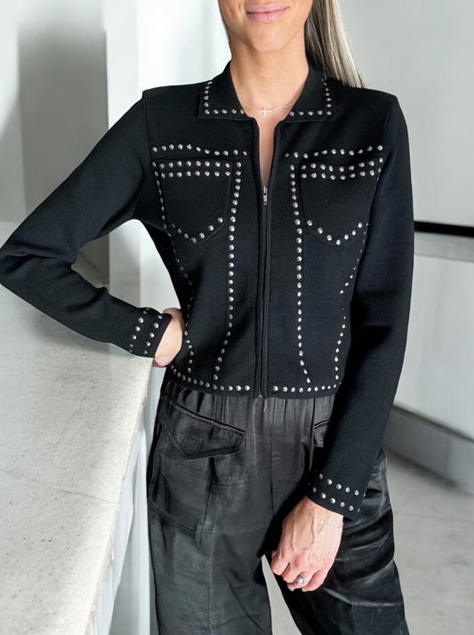 Viscose Blend Collared Zip Jacket with Studs