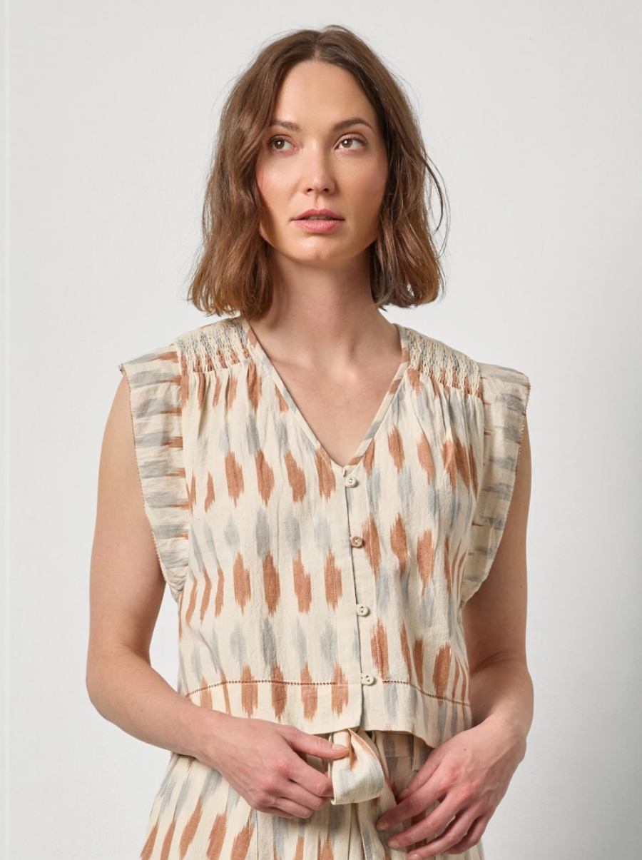 Ikat Shirred Shoulder Top