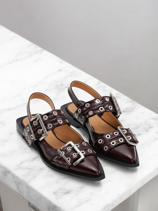 Feminine Buckle Ballerinas in Burgundy