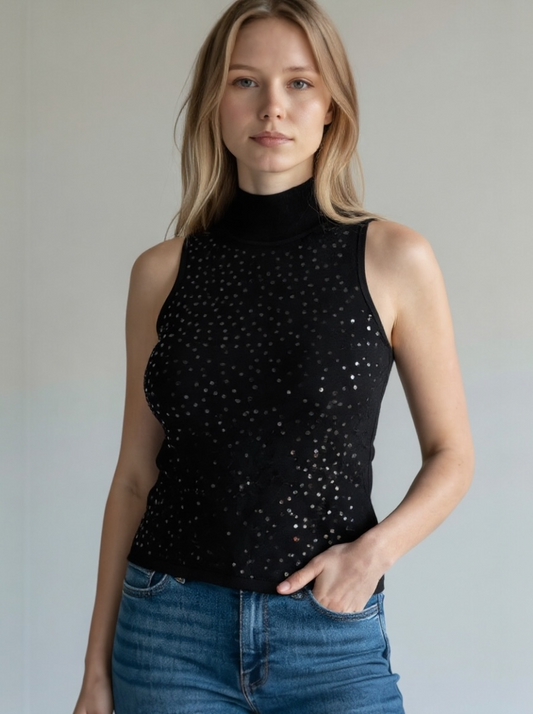 Sequin Sleeveless Mock Neck