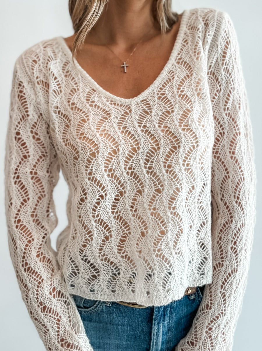 Cashmere Lace V Neck in White