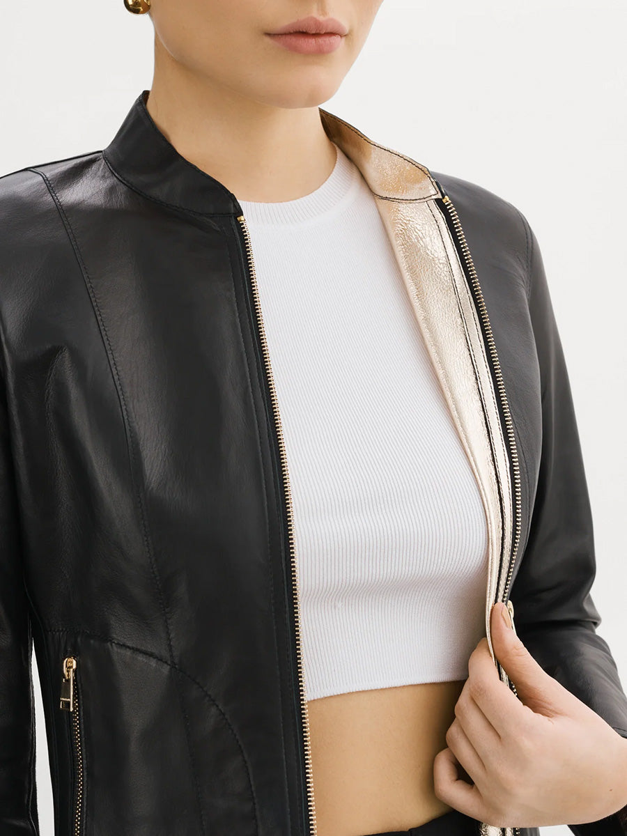Chapin Reversible Leather Bomber Jacket in Black/Gold