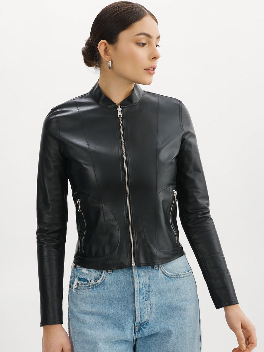 Chapin Reversible Leather Bomber Jacket in Black/Silver