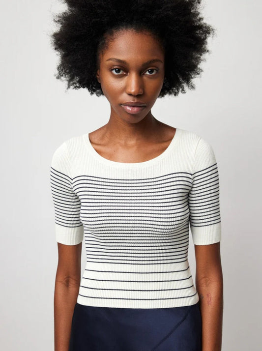 Silk Cotton Blend Mixed Stripe Crew Neck Sweater